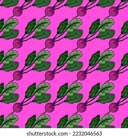 Vintage radish seamless pattern. Radish with leaves endless wallpaper. Vegetarian food backdrop. Design for fabric, textile print, wrapping paper. Vector illustration