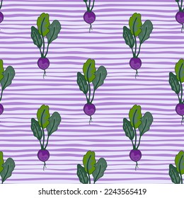 Vintage radish seamless pattern. Radish with leaves endless wallpaper. Vegetarian food backdrop. Design for fabric, textile print, wrapping paper. Vector illustration