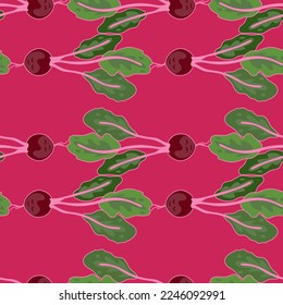 Vintage radish seamless pattern. Radish with leaves endless wallpaper. Vegetarian food backdrop. Design for fabric, textile print, wrapping paper. Vector illustration