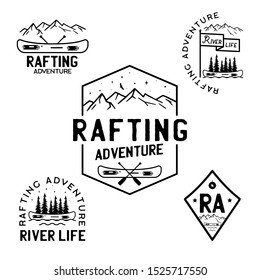 Vintage rafting adventure logos, mountain camp badges set. Hand drawn labels designs. Travel expedition, wanderlust and kayaking. Outdoor emblems. Logotypes collection. Stock vector