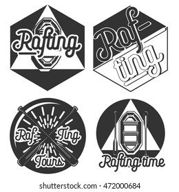 Vintage rafting, canoe and kayak vector labels, emblems and badges set. Canoe outdoor activity on river illustration