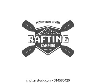 Vintage rafting, kayaking, canoeing camp logo, labels and badges. Stylish Monochrome outdoor design. Outdoor activity theme. Vector illustration