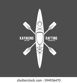 vintage rafting, kayaking, paddling, canoeing camp logo, label, badge. Kayak isolated vector. Kayak icon. Kayaker emblems. Kayaking logotypes. Rafting icons. Rafting team design