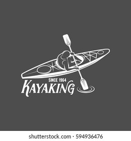 vintage rafting, kayaking, paddling, canoeing camp logo, label, badge. Kayak isolated vector. Kayak icon. Kayaker emblems. Kayaking logotypes. Rafting icons. Rafting team design