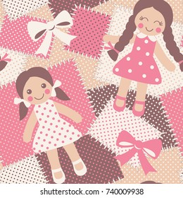 Vintage rag dolls seamless pattern. Patchwork background with cute toys. Vector illustration