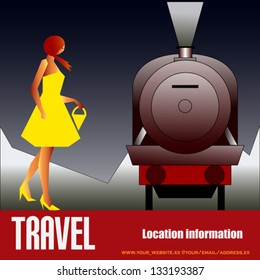 Vintage Rail Travel, Vector Background With An Art Deco Style Steam Locomotive And Girl In A Yellow Dress