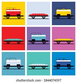 Vintage railway cars. Nine bright illustrations in Pop Art style
