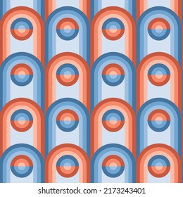 Vintage Regenbogen-Geometrie nahtlose Muster in Blau- und Terrakotta-Farben. Vektorgeometrisches, wiederholbares Motiv für Textil-, Druck-, Wrap- und Scraphepapier. Hippie-Stil der 70er Jahre.