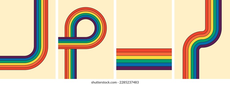 Vintage rainbow striped posters compilation. Groovy style reminiscent past eras. Hippie inspired geometric rainbow paths. Iridescent stripes reflect retro hippy vibe. Various abstract eps backgrounds