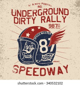 vintage rally helmet tee print design with grunge effect