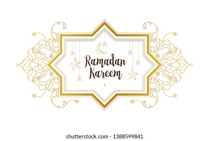 Vintage Ramadan Kareem card. Holiday banner with calligraphy, gold frame, crescent, floral ornament for muslim holidays. Eastern style. Islamic backdrop for Muslim feast of the holy of Ramadan month