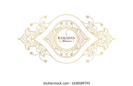 Vintage Ramadan Kareem card. Holiday banner with calligraphy, gold frame, floral ornament for muslim celebration. Decor in Eastern style. Islamic backdrop for Muslim feast of the holy of Ramadan month