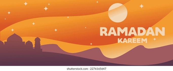 Vintage Ramadan Kareem facebook cover header with desert and mosque. Vector illustration