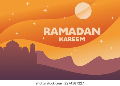 Vintage Ramadan Kareem greeting card with mosque and sunset background. Vector illustration