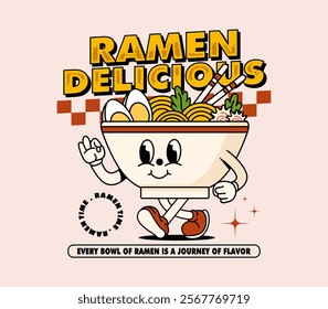 Vintage ramen delicious cartoon character, ideal for graphic tees, t-shirts, posters, stickers, merchandise, and more