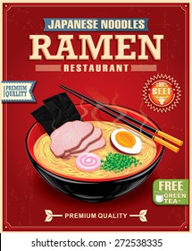 Vintage Ramen Noodles Poster Design With Noodle And Hot Soup