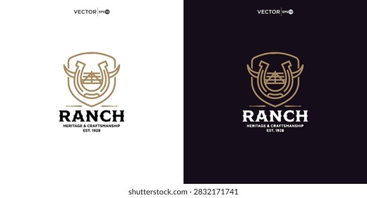 Vintage ranch logo design featuring a horseshoe inside a shield illustration