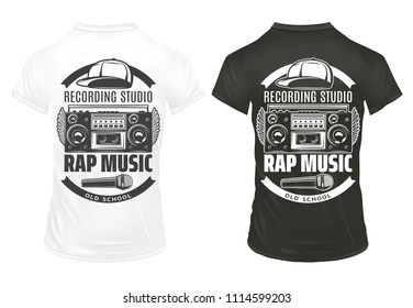 Vintage rap music prints template with inscriptions recorder microphone cap on black and white shirts isolated vector illustration