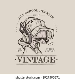 Vintage rat with headphones and baseball cap clipart. Cool hipster character monochrome printed picture in style of street vector culture.