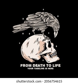 vintage raven illustration on the skull head