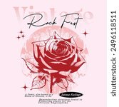 vintage read rose graphic, vintage rock fest print artwork, women