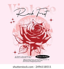 vintage read rose graphic, vintage rock fest print artwork, women's rock and roll t-shirt design, vintage slogan typography t-shirt design