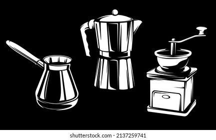 Vintage realistic black and white coffee set. Organic food. Brewing tools. Natural organic coffee plant and beans. Vector drawing. Sketch drawing. Vector set.