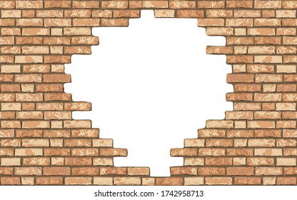Vintage realistic broken brick wall background. Hole in flat wall texture. Yellow textured brickwork for web, design, decor, background. Vector illustration