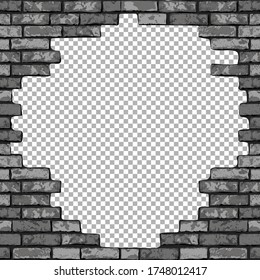 Vintage realistic broken brick wall transparent background. Black hole in flat wall texture. Gray textured brickwork for web, design, decor, background. Vector illustration