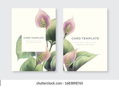 Vintage realistic cover design with calla flowers. Floral poster, greeting card, wedding floral invite, invitation card design. Flyer, banner, vector cover.