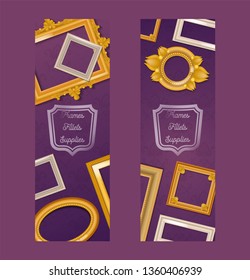 Vintage realistic frames set of banners. Picture framing of different size vector illustration. Buying fillets, supplies in shop or store. Gold and white frames for mirrors, paintings.