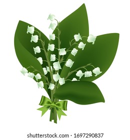 Vintage realistic hand drawn vector lily of the valley bouquet with green bow, white flowers wedding elements, decorative elegant plants, invitation illustration