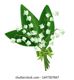 Vintage realista lirio vectorial del valle ramo con arco verde, flores blancas elementos de boda, plantas decorativas y elegantes, ilustración de invitación