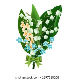 Vintage realistic hand drawn vector lily of the valley bouquet with green bow, forget me not flowers, white flowers wedding elements, decorative elegant plants, invitation illustration