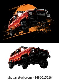 Vintage, Realistic Off Road Vehicle, Red Color Car, Eighties Style Vector Car Image On Black And White Background.