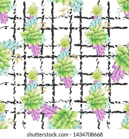 Vintage realistic seamless pattern with green realistic succulent pattern seamless on colorful background for cover design. Colorful seamless mexican style pattern.