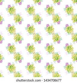 Vintage realistic seamless pattern with green realistic succulent pattern seamless on colorful background for cover design. Colorful seamless mexican style pattern.