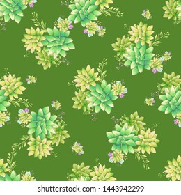 Vintage realistic seamless pattern with green realistic succulent pattern seamless on colorful background for cover design. Colorful seamless mexican style pattern.