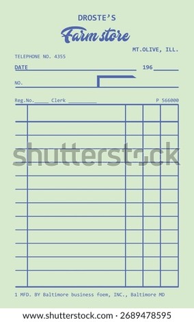 A vintage receipt template with lines and text in a retro style. The layout includes sections for date, number, and clerk details. Cartoon vector illustration.