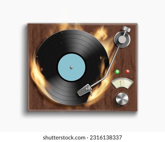 Reproductor de registros vintage con disco de vinilo retro en llamas. Objeto aislado en fondo blanco. ilustración vectorial.