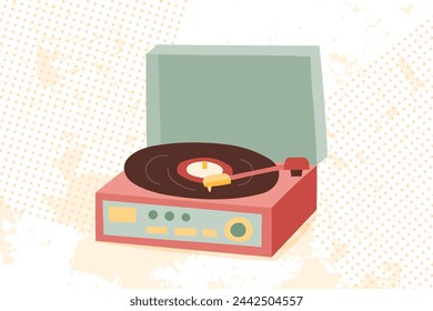 Vintage Record player in retro style. Vector flat hand drawn illustration. Nostalgia concept.