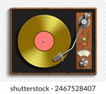 Vintage record player with retro vinyl disc. Isolated on transparent background. Stock vector illustration.