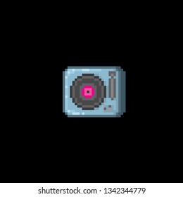 Vintage record player with retro vinyl disc. Pixel art. Old school computer graphic. 8 bit video game. Game assets 8-bit sprite.