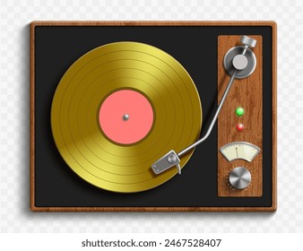 Vintage record player with retro vinyl disc. Isolated on transparent background. Stock vector illustration.