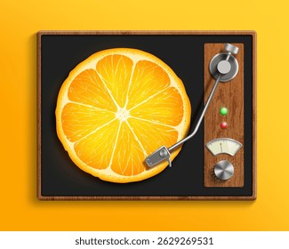 Vintage record player with retro vinyl disc as orange citrus. Vector illustration.