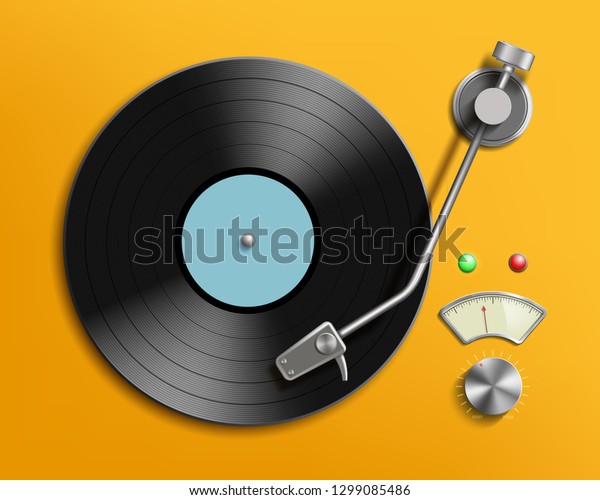 Vintage record player with retro vinyl\
disc. Vector realistic\
illustration.