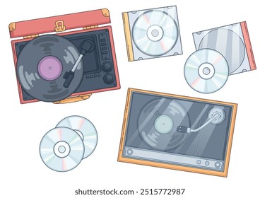 Conjunto de reproductores de discos de Antiguas aislados sobre fondo blanco. Ilustración de dibujos animados de Vector contemporáneo de vinilo retro en gramófono, CD en cajas de plástico, equipo de música, discoteca dj tocadiscos