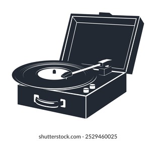 Vintage record vinyl player silhouette. Old school analogue vinyl record player, retro music audio device flat vector illustration. Nostalgic music player silhouette