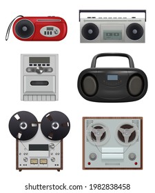 Vintage recorders. 80s music stuff portable audio gadgets reciever with tape reel recorders decent vector illustrations collection isolated