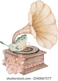 Vintage records and illustrations of butterflies and flowers